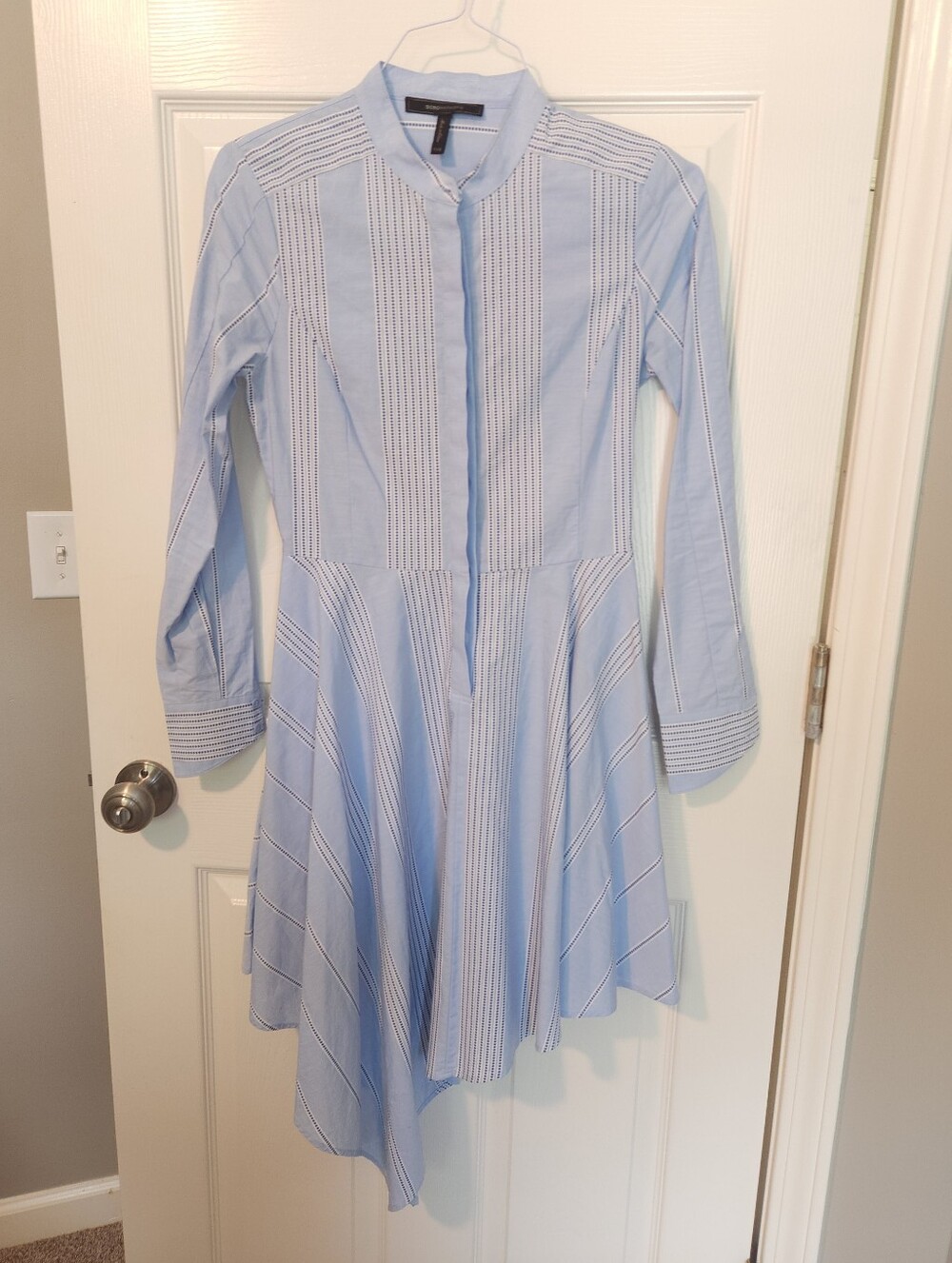 BCBG Maxazria Light Blue Striped Asymmetrical Button-Front Shirt Dress